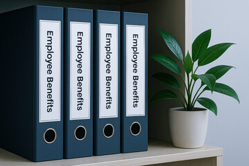 Employee benefit folder document file with green plant in white pot on wooden shelf, office organization and neat workspace concept