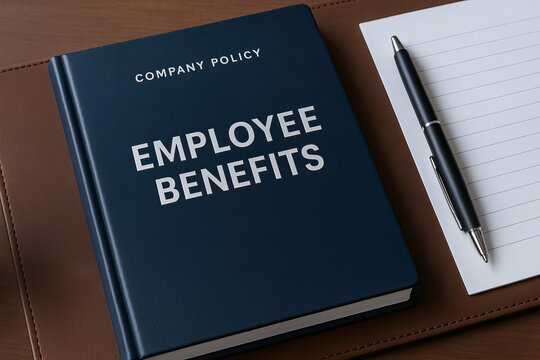Employee benefits company policy book with pen and notepad on leather surface, symbolizing workplace guidelines and professional documentation