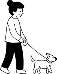 Black silhouette vector illustration of a girl and dog walking in a park, a cartoon style drawing of a person with their pet animal on a leash