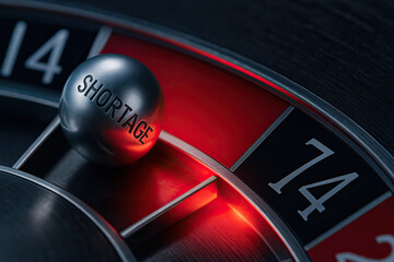Metal ball with word shortage on roulette wheel, symbolizing scarcity and risk in dramatic red and black setting with reflective surfaces and focused lighting