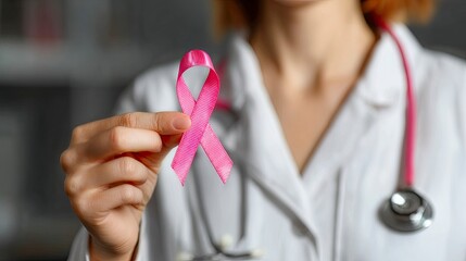 A doctor holds a pink ribbon symbolizing breast cancer awareness