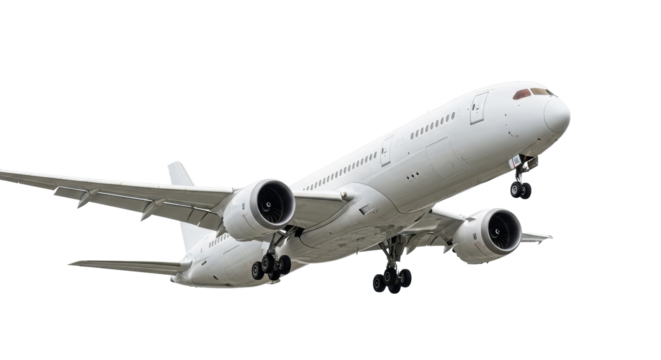 Sleek modern white passenger jet with extended landing gear, intricate mechanical details, isolated on an infinite transparent background with shadowless studio lighting, ultra photorealistic dynamic