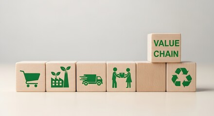 Wooden blocks illustrating a sustainable value chain with eco friendly icons
