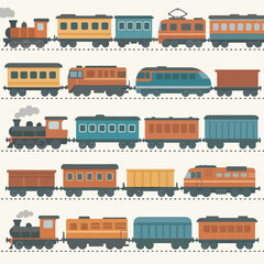 Seamless Flat Design Various Train Wagons and Locomotives Transport Illustration © JihanFahri