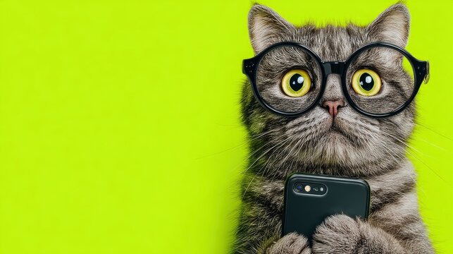 A gray tabby cat wearing round glasses holding a smartphone against a bright green background
