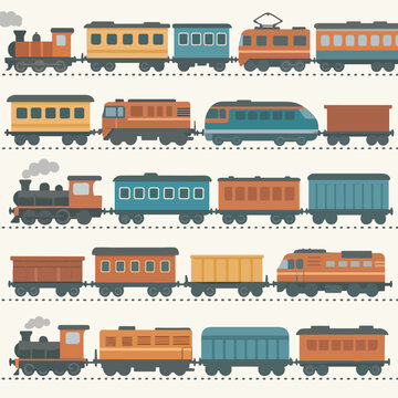 Seamless Flat Design Various Train Wagons and Locomotives Transport Illustration