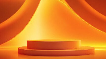 Two-tiered, circular, orange podium display.