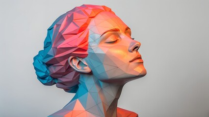 A vibrant geometric head sculpture with a serene profile, eyes closed, gazes upwards. Colorful light illuminates this abstract low poly artistic bust.