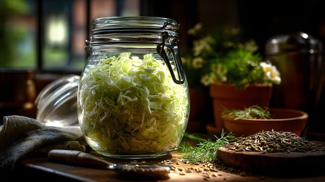 Glass jar of shredded cabbage and spices on rustic kitchen counter, perfect for recipe blog, cooking magazine