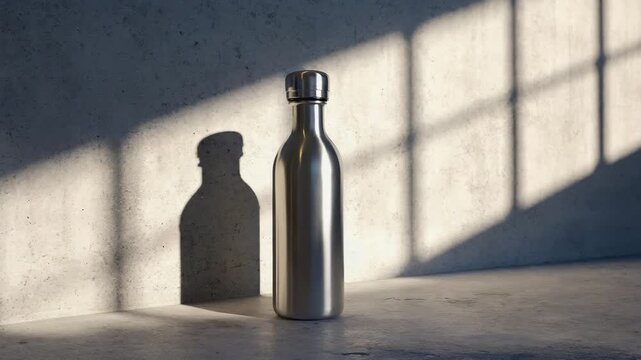 Minimalist metal bottle standing on a surface with its shadow sharply cast on a textured wall in sunlight.