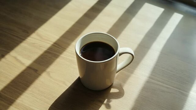 White cup filled with black coffee placed on a wooden table with warm sunlight casting soft shadows.