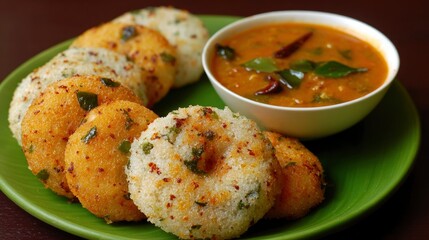 A plate of Idli and Vada traditional South Indian food served with Sambar in a white bowl
