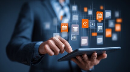 Business user interacts with digital interface, working in office