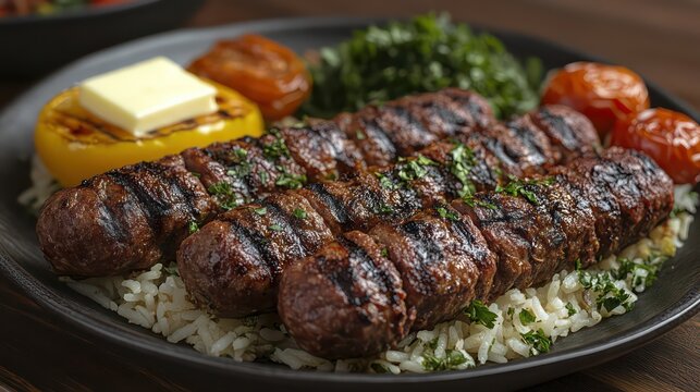 Iranian chelo kebab with saffron rice, grilled tomatoes, butter, and parsley.