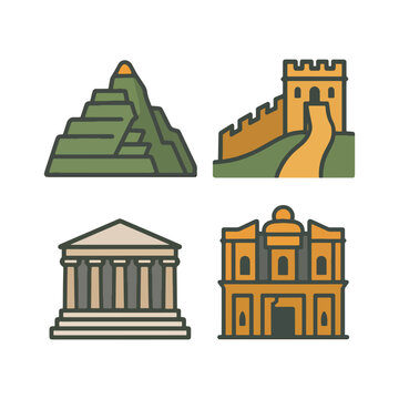 Simple Line Landmark Historical Building Structure Travel Attraction Icon Set