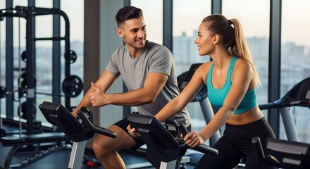 Fototapeta premium Fitness Couple Gym Workout Exercise Bikes