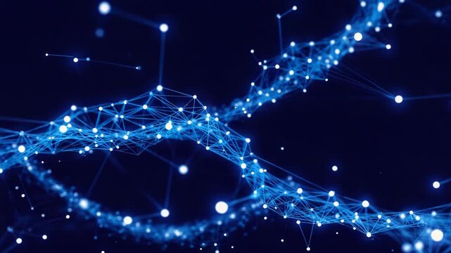 Abstract blue glowing network of connected points and lines representing data, communication, and modern digital technology.