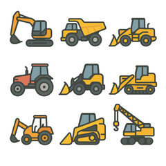 Simple Line Heavy Equipment Icon Set for Construction and Agriculture