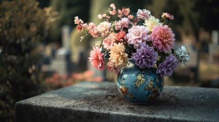 A vase of pastel dahlias sits on a weathered stone surface possibly in a garden setting or graveyard