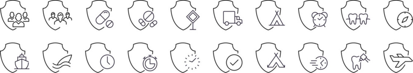 Shield Simple Linear Illustrations. Contains Icons of People, Pills, Transport by Shield for Graphics, Concept, Apps