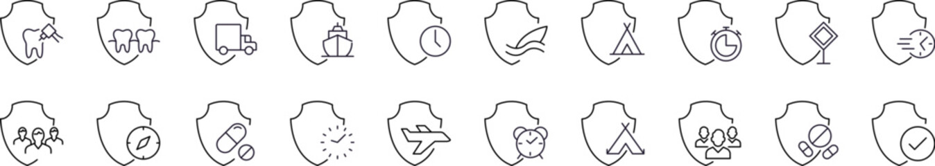 Simple Linear Illustration of Shield. Contains Icons of People, Pills, Transport by Shield for Graphics, Concept, Apps