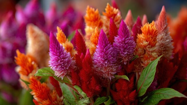 A vibrant cluster of celosia flowers in shades of pink red and orange with green leaves visible