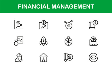 Financial Management Professional Line Icon Set – Modern Minimal Banking Investment and Budget Vector Collection