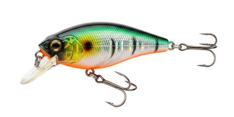 A fishing lure with green, orange, and white coloring, equipped with treble hooks on a white. Isolated transparent background (cut-out PNG file). 