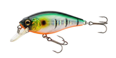 A fishing lure with green, orange, and white coloring, equipped with treble hooks on a white. Isolated transparent background (cut-out PNG file). 