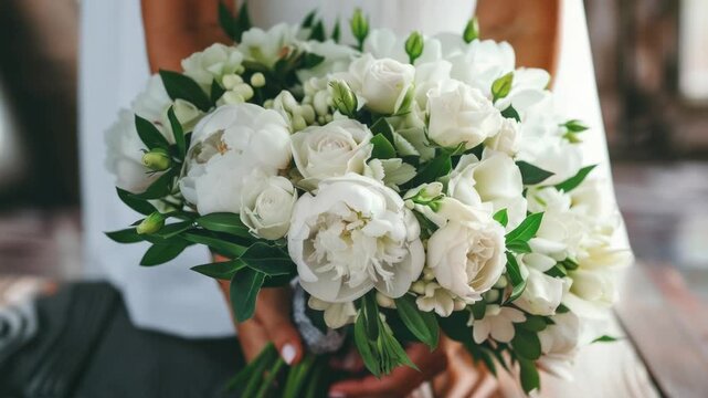 A bouquet of white flowers sitting on a wooden table, perfect for decoration or as a gift