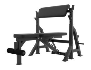 A black adjustable weight bench with padded sections and leg extension on a white. Isolated transparent background (cut-out PNG file). Topics: fitness, exercise, gym, strength training, workout