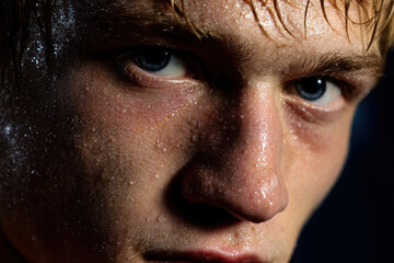 Naklejka premium Close up sweaty face intense blue eye male athlete focus determination skin texture water droplets