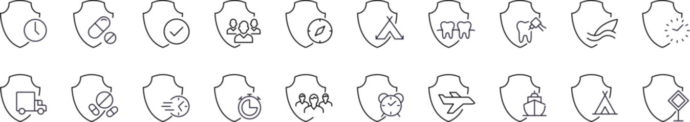 Line Icon Set of Shield. Contains Icons of People, Pills, Transport by Shield for Graphics, Concept, Apps