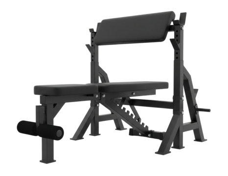 A black adjustable weight bench with padded sections and leg extension on a white. Isolated transparent background (cut-out PNG file). Topics: fitness, exercise, gym, strength training, workout