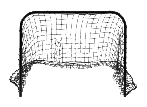 A black mini soccer goal with a net, for sports and play, on a white background. Isolated transparent background (cut-out PNG file). Topics: sports, soccer, football, mini goal, game, recreation.