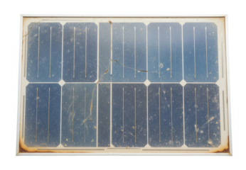 A worn and dirty solar panel with cracks and rust in a metal frame on a white. Isolated transparent background (cut-out PNG file). Topics: renewable energy, sustainability, environment, technology.