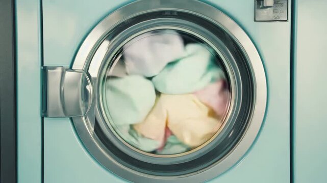 Soft pastel-colored clothes tumbling inside a washing machine drum during the laundry wash cycle.