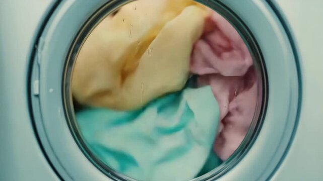 Bright pastel-colored clothes inside a washing machine drum during a wash cycle.