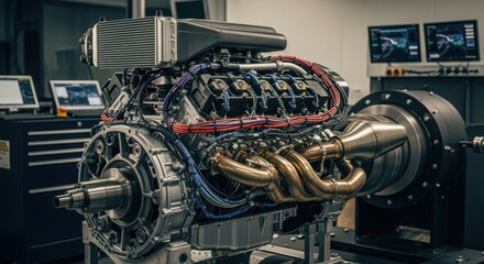 Formula One engine components exposed during a dyno run revealing cooling ducts wiring looms and exhaust piping integrated for testing.