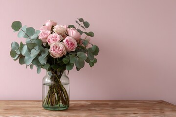 Pastel pink roses and eucalyptus bouquet in a clear glass vase on a wooden surface against a pale pink wall