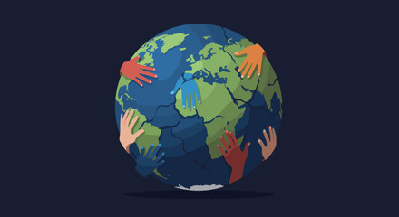 A globe surrounded by flags from different countries, symbolizing international unity.