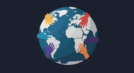 A globe surrounded by flags from different countries, symbolizing international unity.