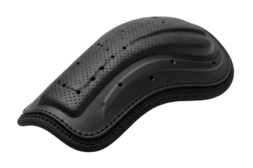 A black elbow or knee pad with a textured, perforated surface on a white. Isolated transparent background (cut-out PNG file). Topics: protection, sport, safety, gear, motorcycle, injury prevention.