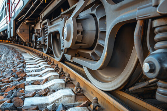 Technical close-up of train wheel and track interface