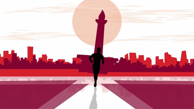 Vector illustration of a man running towards Monas monument with city skyline symbolizing Indonesia spirit freedom