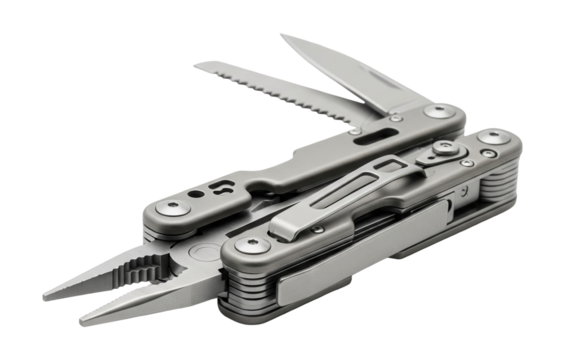 A shiny metallic multi-tool, partially open with pliers and a saw blade, on a white. Isolated transparent background (cut-out PNG file). Topics: tool, utility, outdoor, survival, repair, versatile. - Powered by Adobe