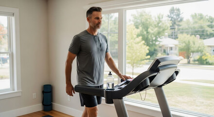 A focused middle-aged man does his daily cardio workout, walking on a treadmill in his home gym by a window