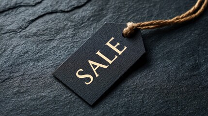 Black tag with golden SALE text tied with string laying on a textured slate surface