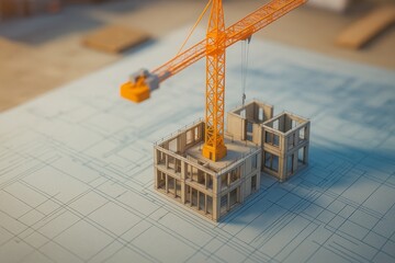 Miniature Construction Site Featuring a Scale Model Building Under the Gaze of an Orange Crane