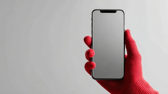 hand shows smartphone with blank screen for text on light grey background, phone scammer, copy space, mock up